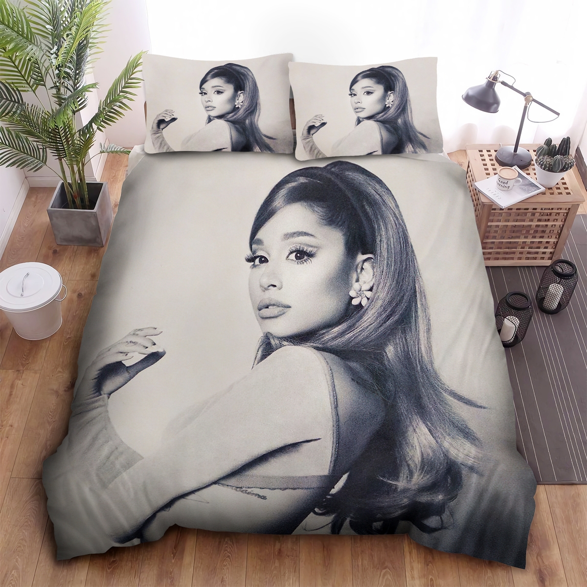 Ariana Grande Positions Retro Style In Black & White Bed Sheets Spread Duvet Cover Bedding Set - Unique Anime Apparel for Fans