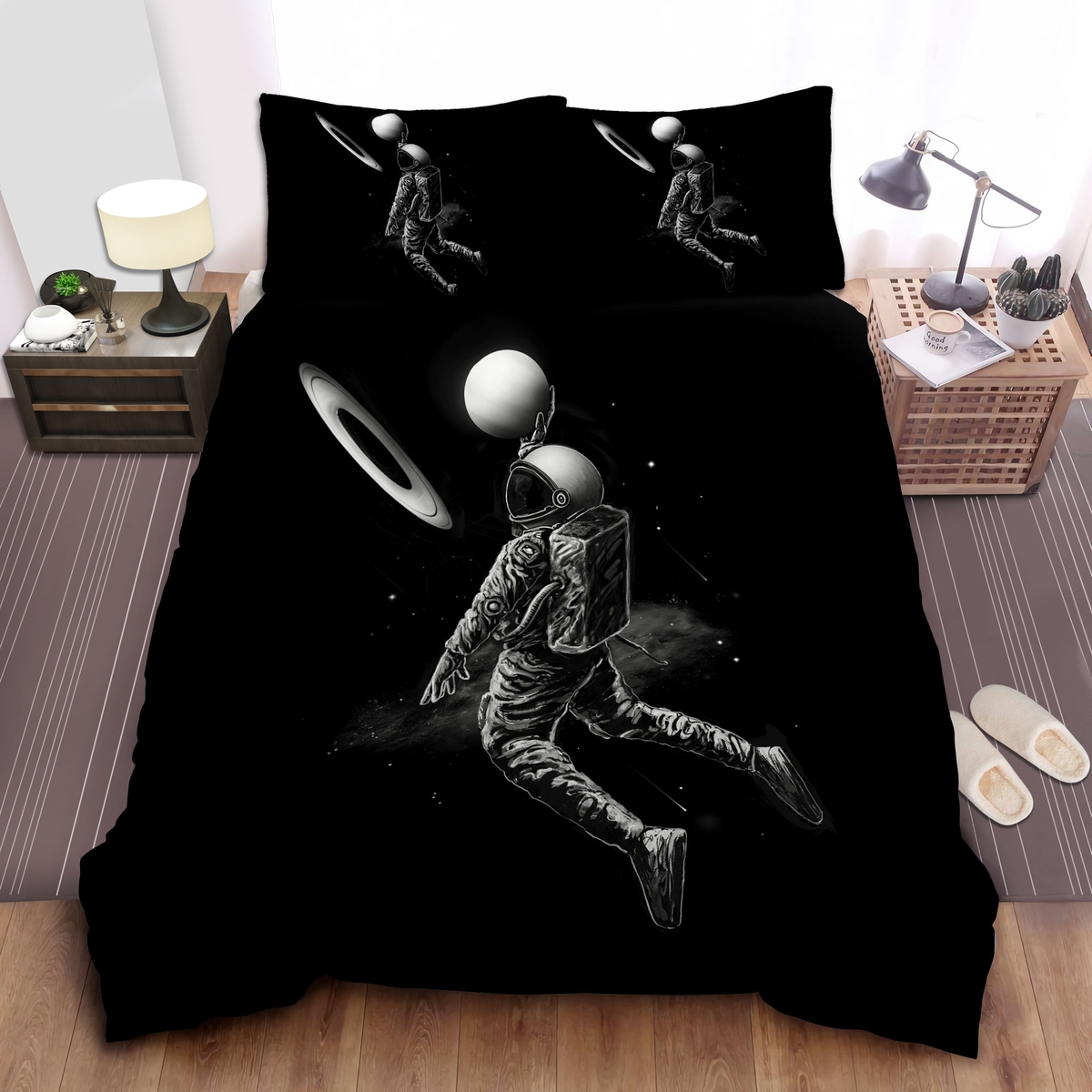 Astronaut Dunking Planet Into Planet Ring Black & White Art Bed Sheets Spread Comforter Duvet Cover Bedding Set - Unique Anime Apparel for Fans