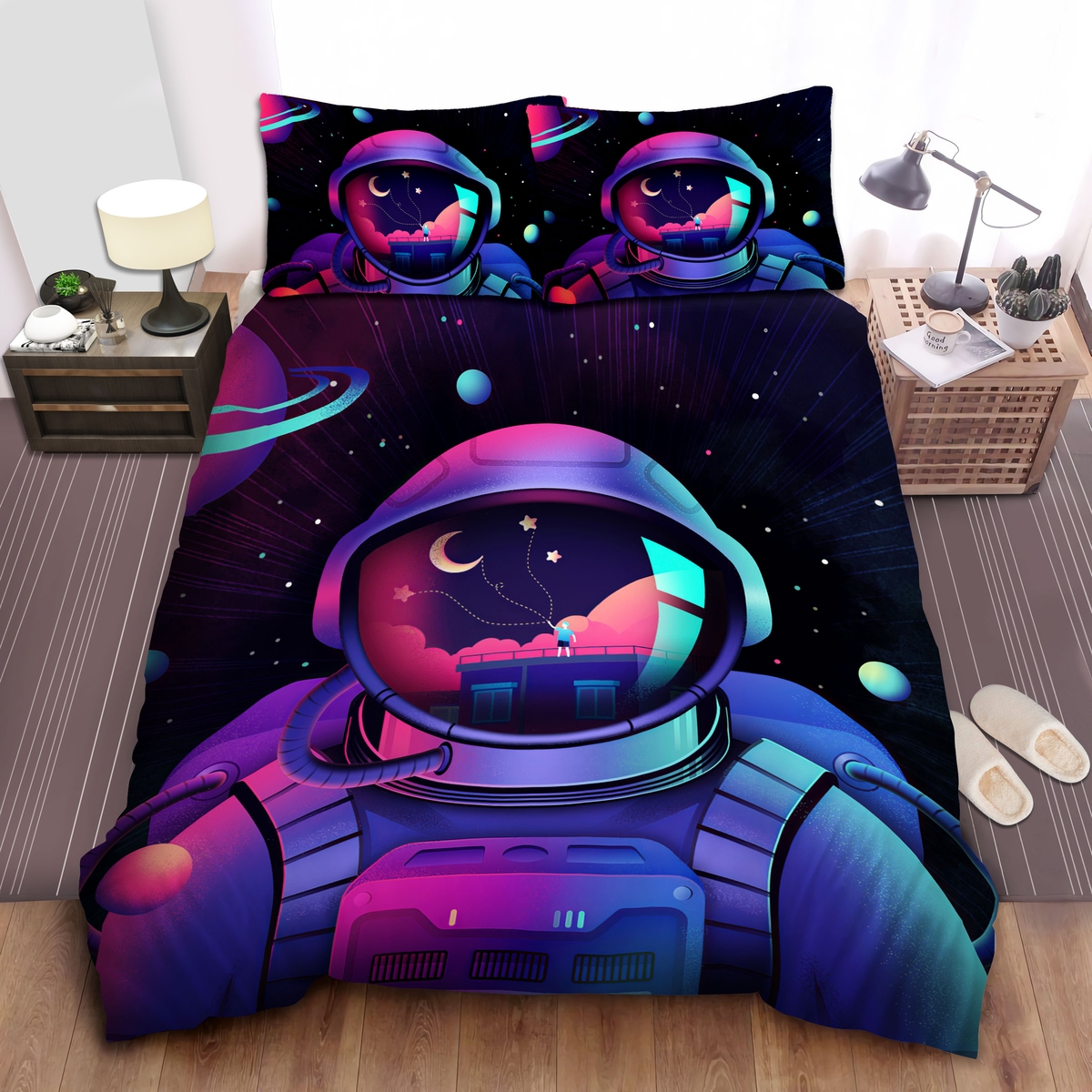 Astronaut In Retro Colors Illustration Bed Sheets Spread Comforter Duvet Cover Bedding Set - Unique Anime Apparel for Fans