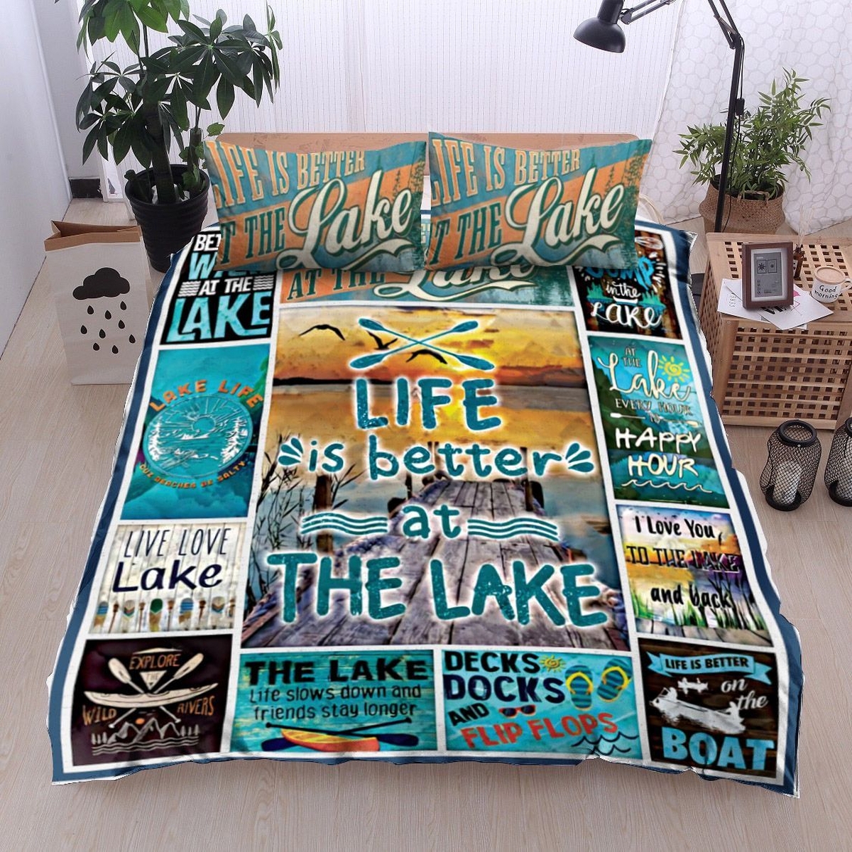 At The Lake Every Hour Is Happy Hour Bed Sheets Spread Duvet Cover Bedding Set - Unique Anime Apparel for Fans