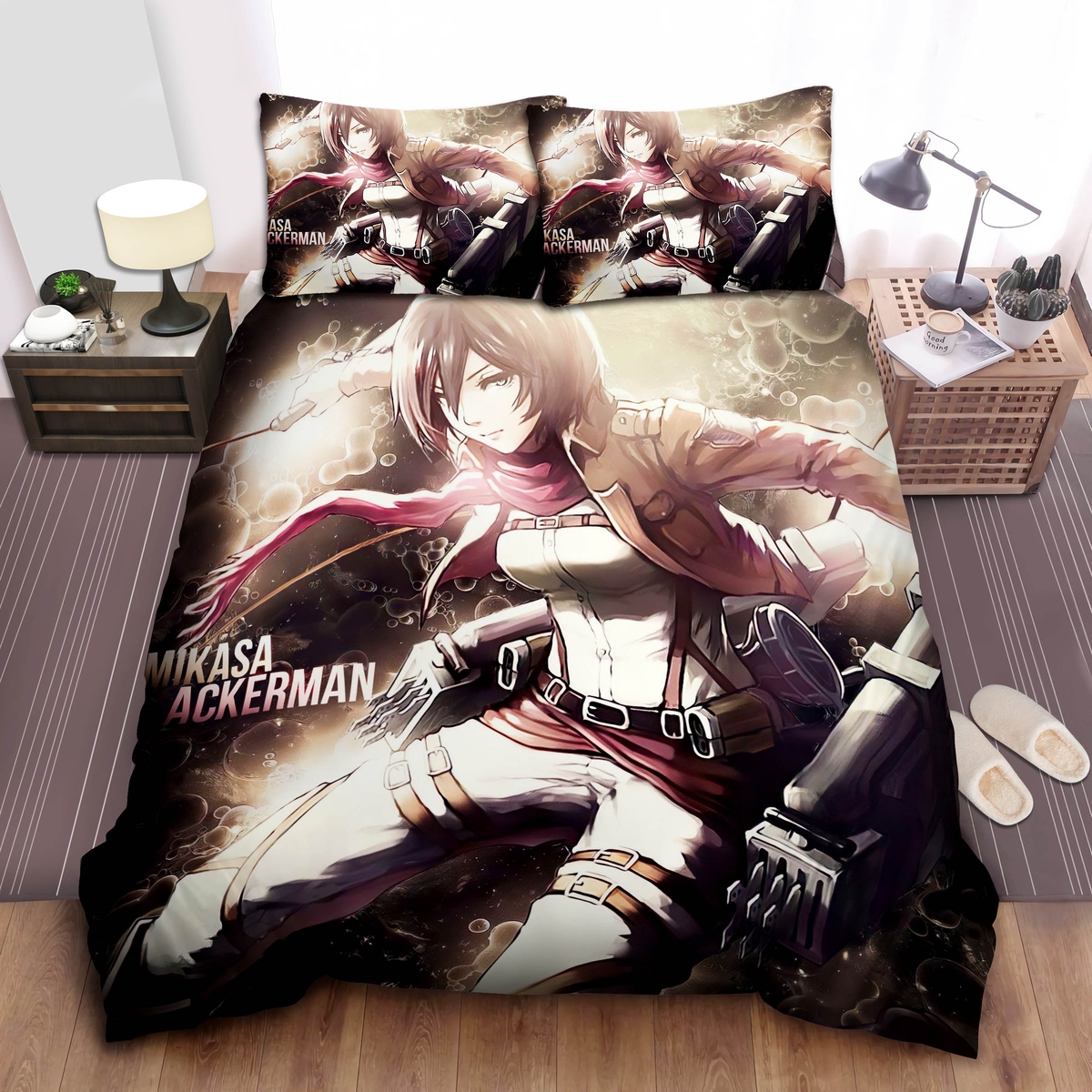 Attack On Titan Mikasa Ackerman Artwork Bed Sheet Spread Duvet Cover Bedding Set - Unique Anime Apparel for Fans