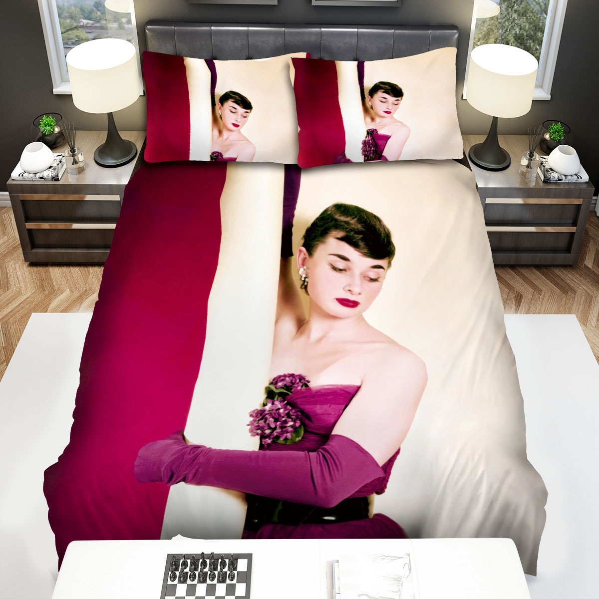 Audrey Hepburn Doing A Photoshoot Bed Sheets Spread Duvet Cover Bedding Set - Unique Anime Apparel for Fans