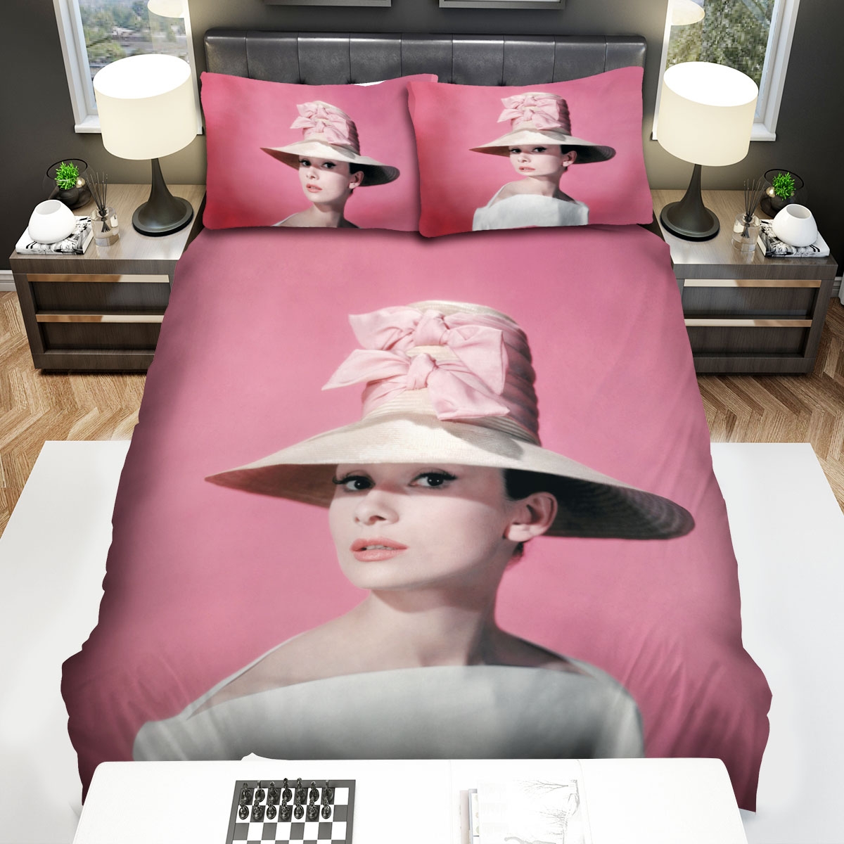 Audrey Hepburn Looking Beautiful In The Hat With Pink Ribbon Bed Sheets Spread Comforter Duvet Cover Bedding Set - Unique Anime Apparel for Fans