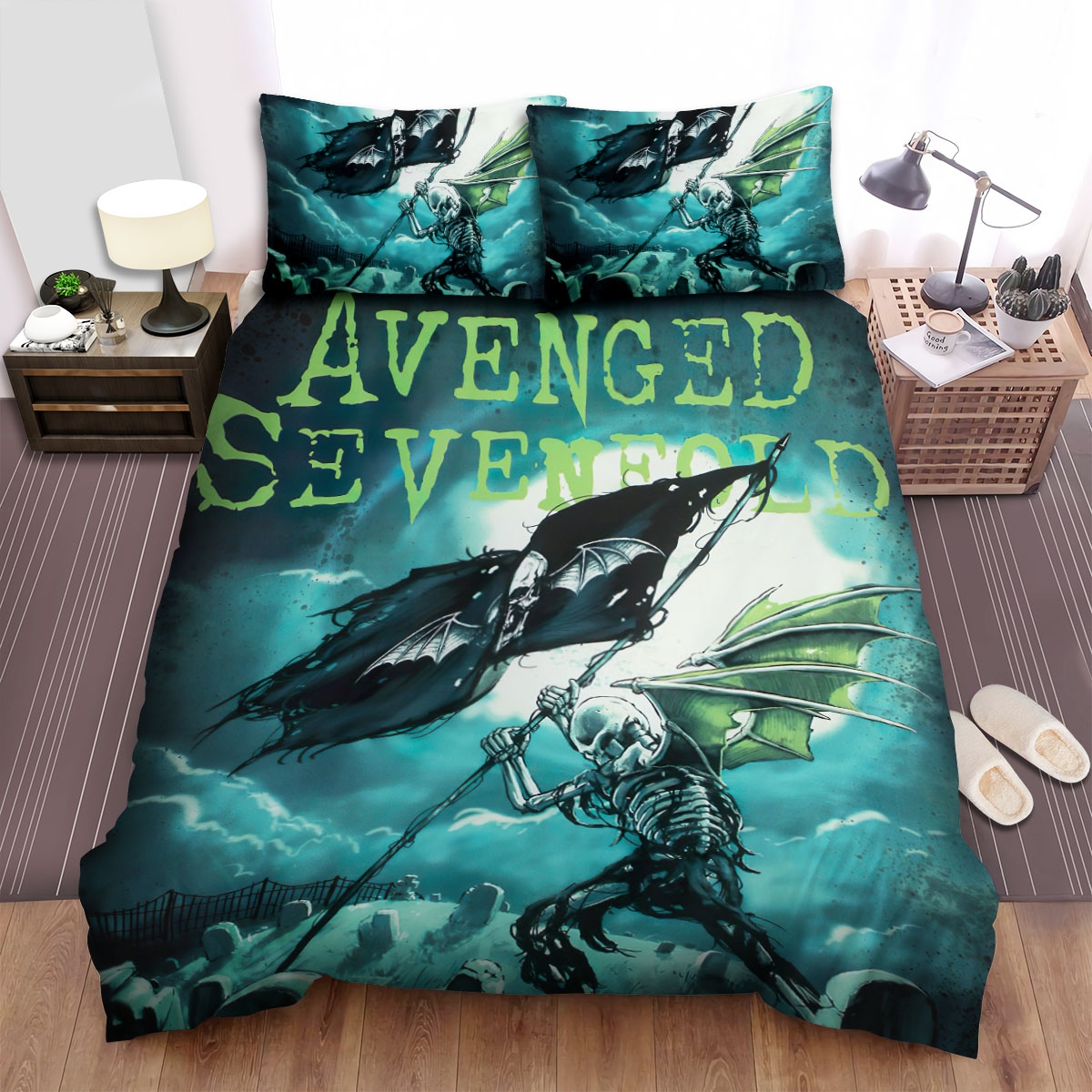 Avenged Sevenfold Skeleton With Wings With The Flag Bed Sheets Spread Duvet Cover Bedding Set - Unique Anime Apparel for Fans