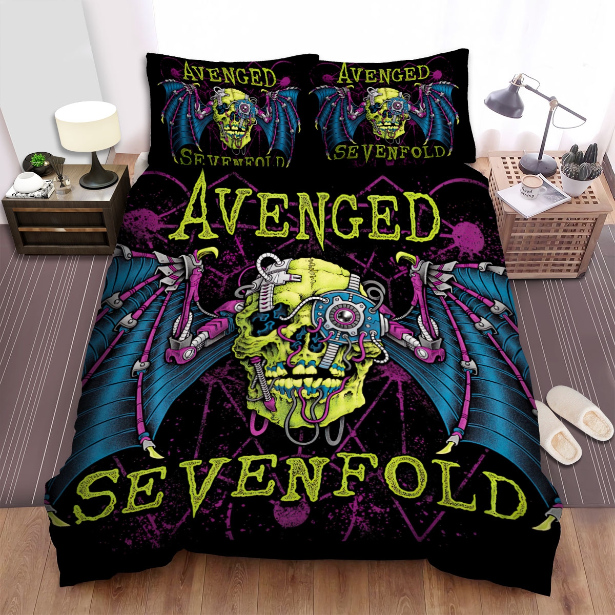 Avenged Sevenfold Skull With Robotic Wings Art Bed Sheets Spread Duvet Cover Bedding Set - Unique Anime Apparel for Fans