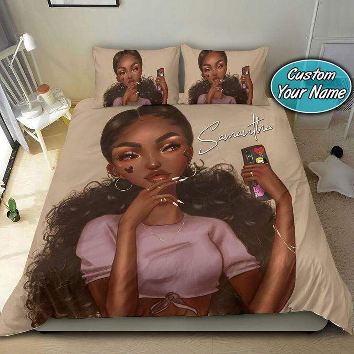 Bad And Boujee Black Girl Dolly Custom Name Duvet Cover Bedding Set - Unique Anime Apparel for Fans
