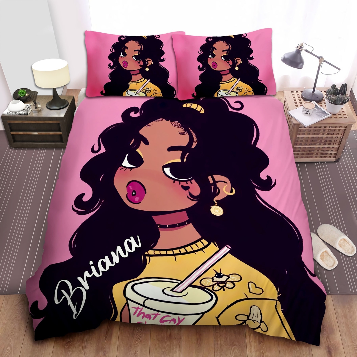 Bad And Boujee Black Girl Drinking Custom Name Duvet Cover Bedding Set - Unique Anime Apparel for Fans