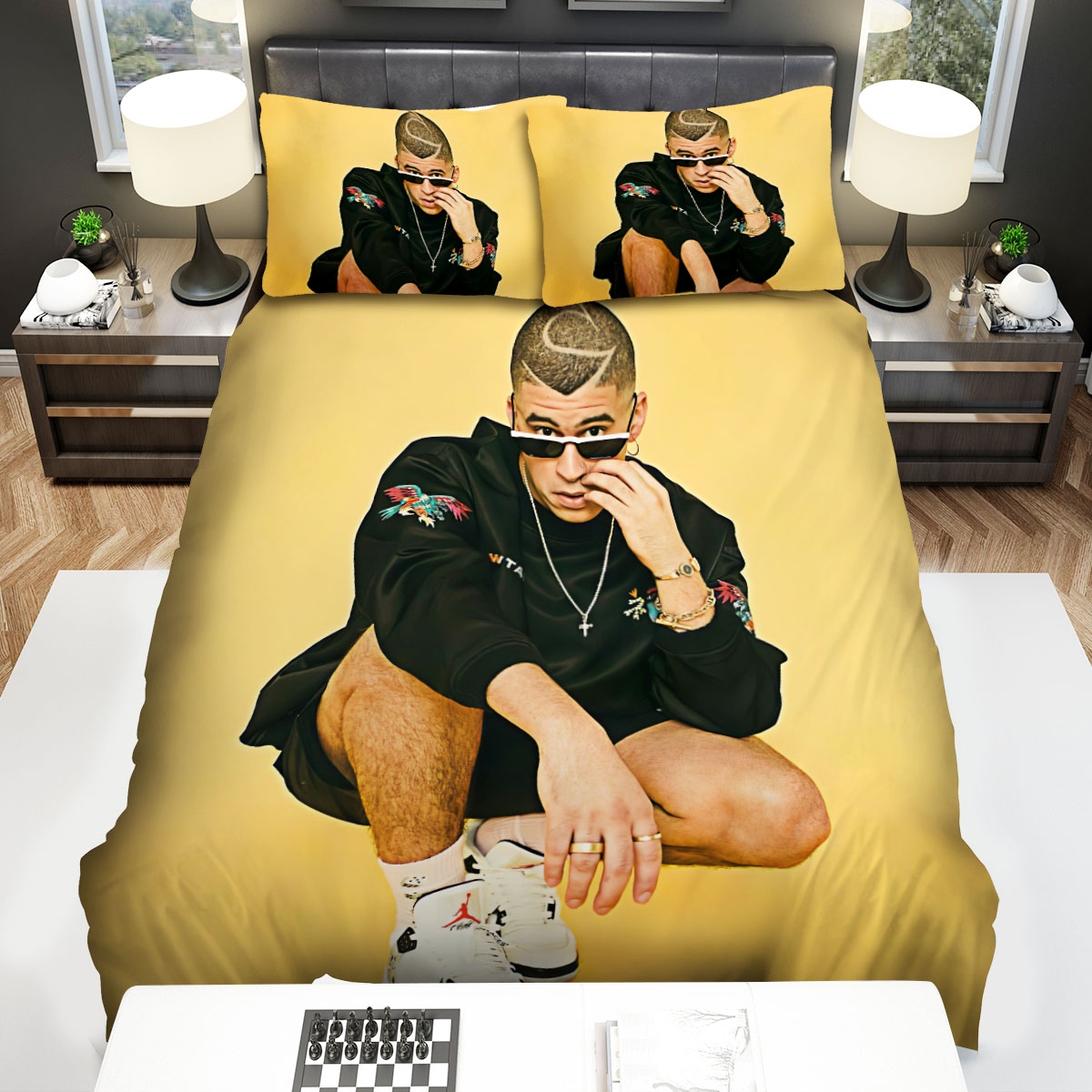 Bad Bunny In Yellow Background Bed Sheets Spread Duvet Cover Bedding Set - Unique Anime Apparel for Fans