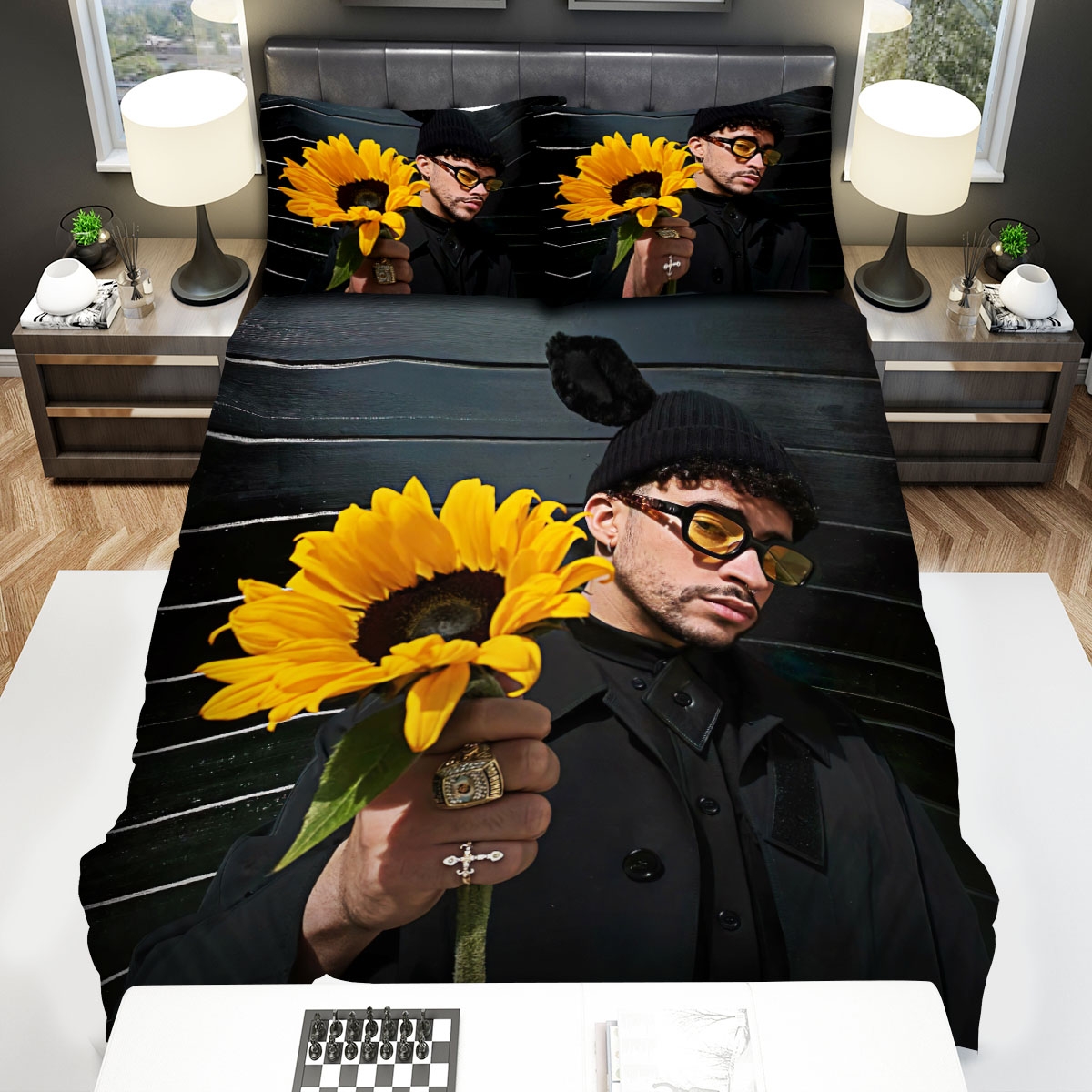 Bad Bunny With Sunflower Bed Sheets Spread Duvet Cover Bedding Set - Unique Anime Apparel for Fans