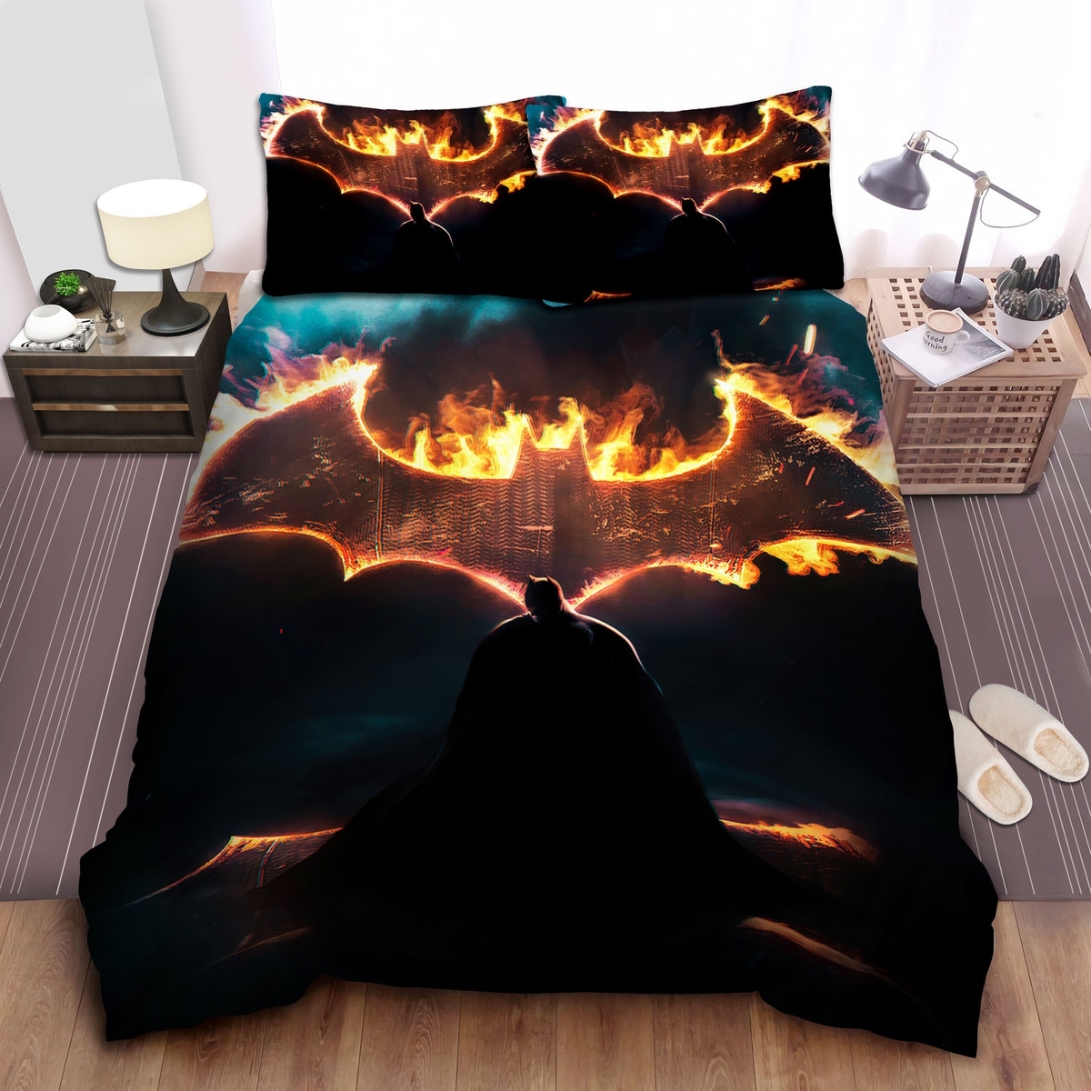 Batman And The Burning Bat Logo Bed Sheets Spread Duvet Cover Bedding Set - Unique Anime Apparel for Fans
