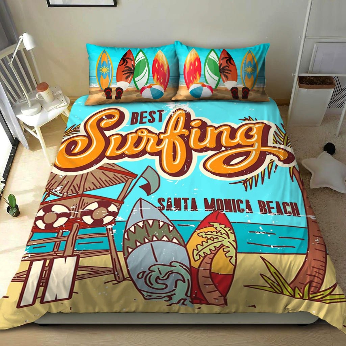 Best Surfing Santa Monica Beach Bed Sheets Spread Duvet Cover Bedding Set - Unique Anime Apparel for Fans