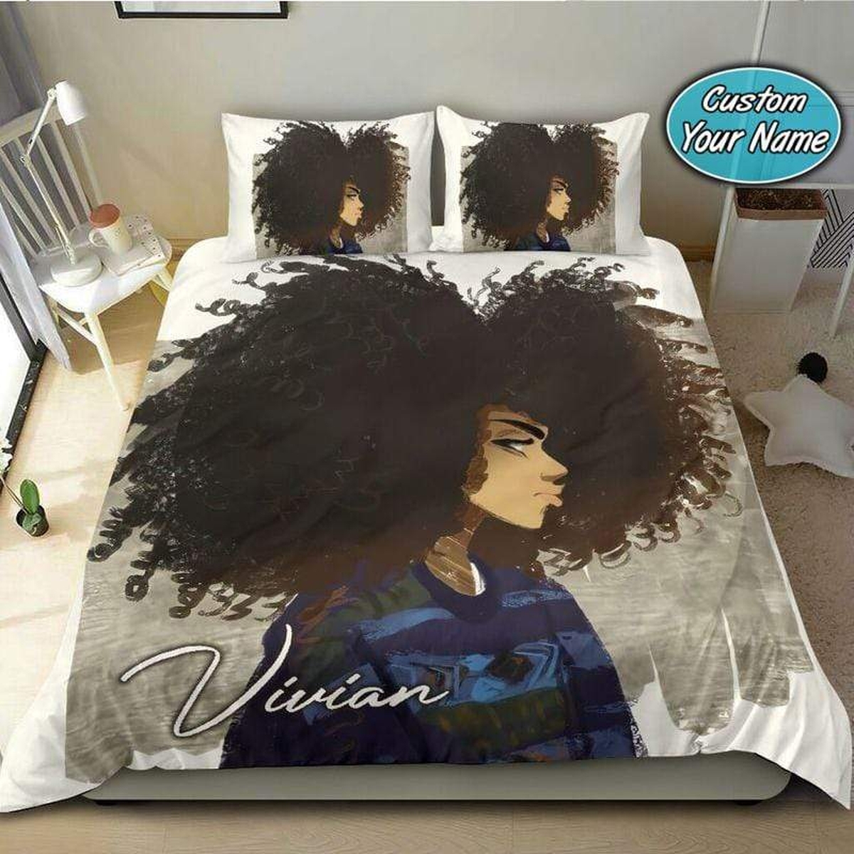 Big Afro Black Girl Sweater Gray Custom Name Duvet Cover Bedding Set - Unique Anime Apparel for Fans