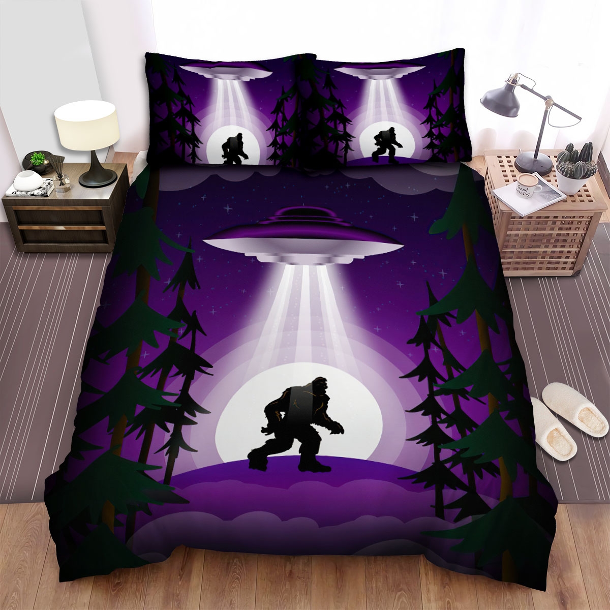 Bigfoot & Alien Ufo Digital Illustration Bed Sheets Spread Duvet Cover Bedding Set - Unique Anime Apparel for Fans