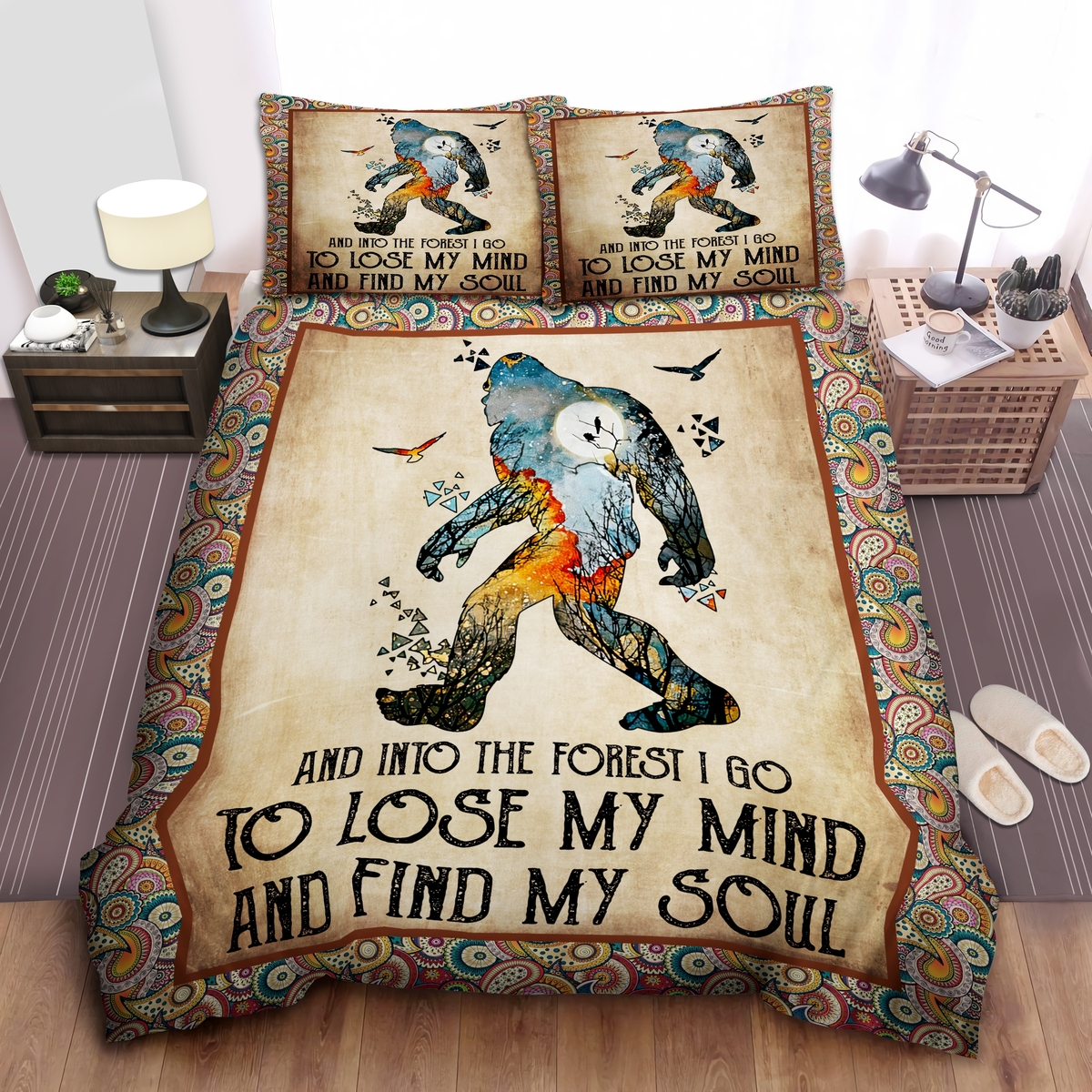 Bigfoot And Into The Forest I Go To Lose My Mind And Find My Soul Bed Sheets Spread Duvet Cover Bedding Set - Unique Anime Apparel for Fans