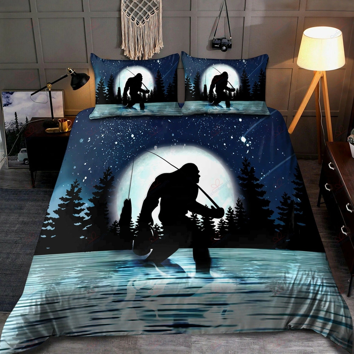 Bigfoot Fishing At Night Bed Sheets Spread Duvet Cover Bedding Set Perfect Gifts For Big Foot Lover Gifts For Birthday Christmas Thanksgiving - Unique Anime Apparel for Fans