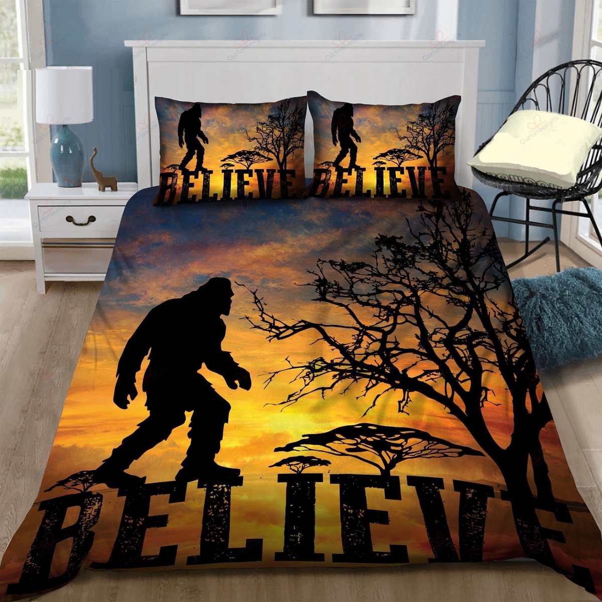 Bigfoot Silhouette In Sunset Believe Him Bed Sheets Spread Duvet Cover Bedding Set - Unique Anime Apparel for Fans