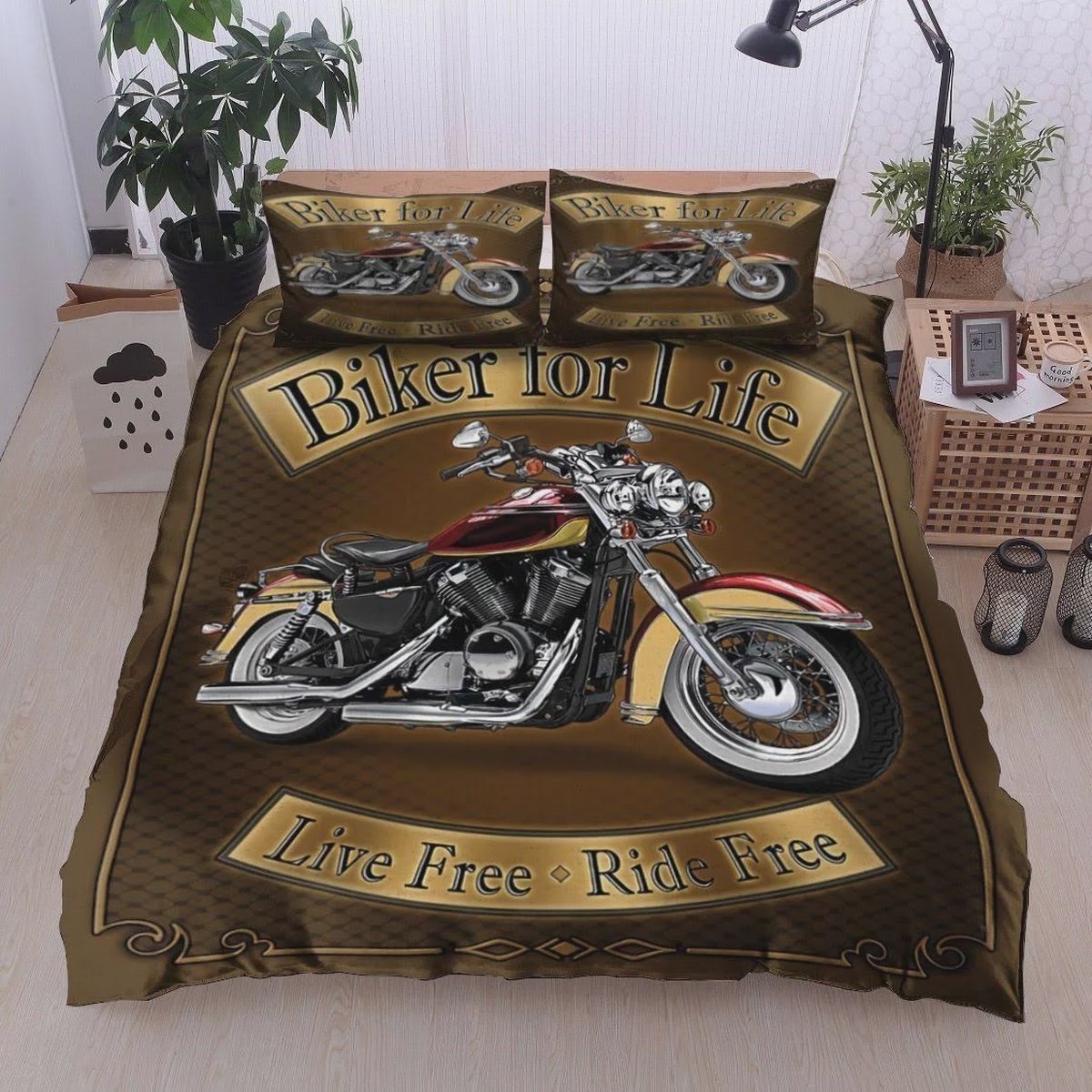 Biker For Life Live Free Ride Free Bed Sheets Spread Duvet Cover Bedding Set - Unique Anime Apparel for Fans