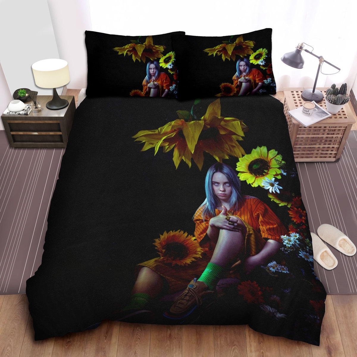 Billie Eilish And Sunflowers In The Dark Picture Bed Sheets Spread Duvet Cover Bedding Set - Unique Anime Apparel for Fans