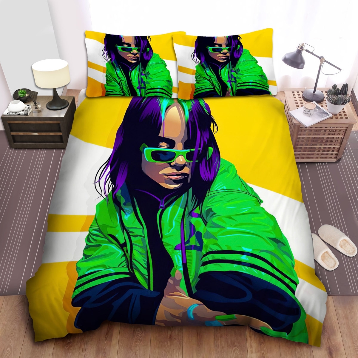 Billie Eilish In Green Jacket Digital Artwork Bed Sheets Spread Duvet Cover Bedding Set - Unique Anime Apparel for Fans