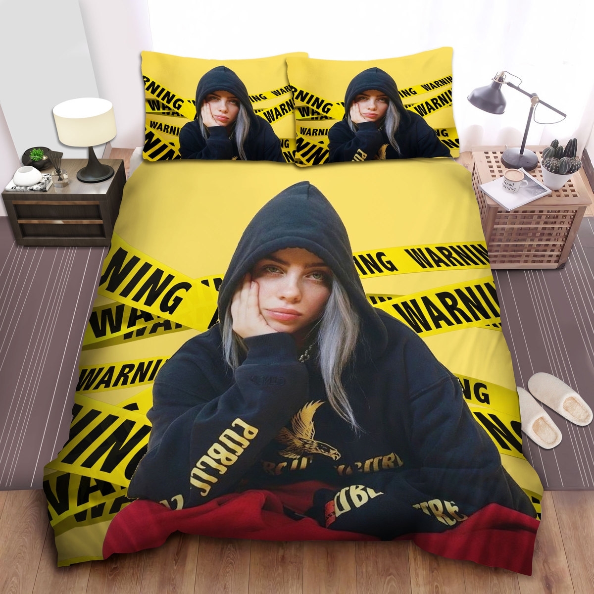 Billie Eilish In Warning Lines Background Photograph Bed Sheets Spread Duvet Cover Bedding Set - Unique Anime Apparel for Fans