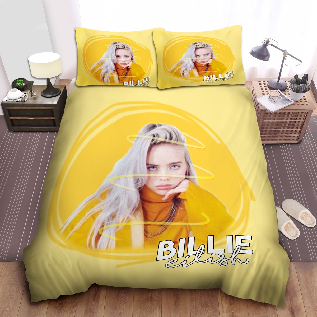 Billie Eilish In Yellow Sweater In Digital Photograph Bed Sheets Spread Comforter Duvet Cover Bedding Set - Unique Anime Apparel for Fans