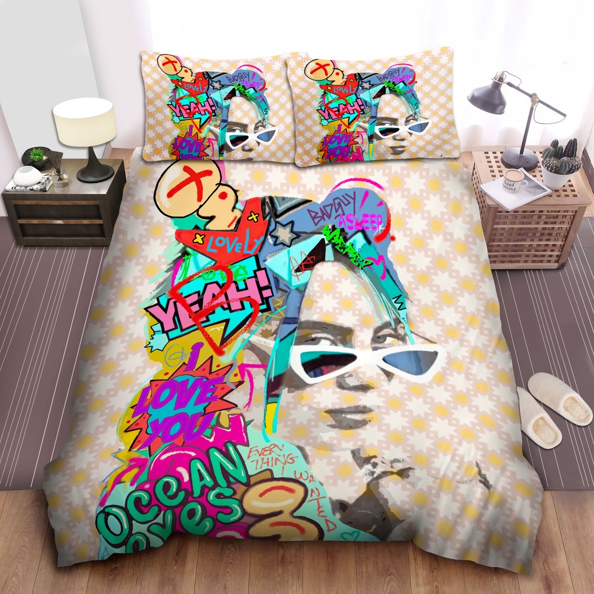 Billie Eilish Portrait In Pop Artwork Bed Sheets Spread Duvet Cover Bedding Set - Unique Anime Apparel for Fans