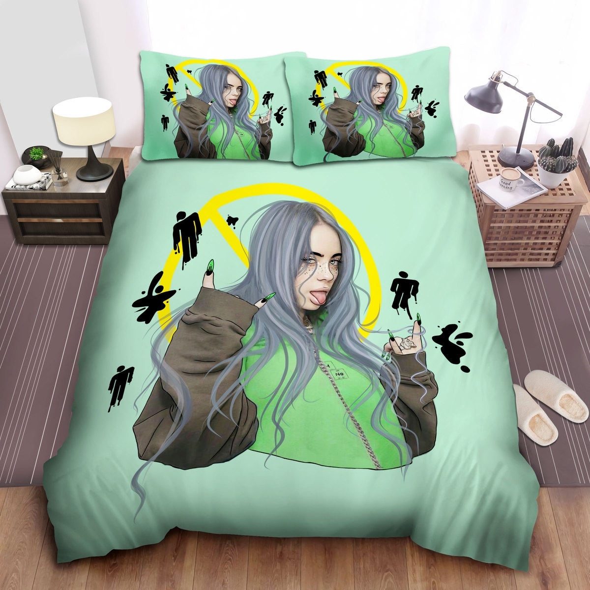 Billie Eilish Rock On Hand Sign Digital Art Bed Sheets Spread Duvet Cover Bedding Set - Unique Anime Apparel for Fans