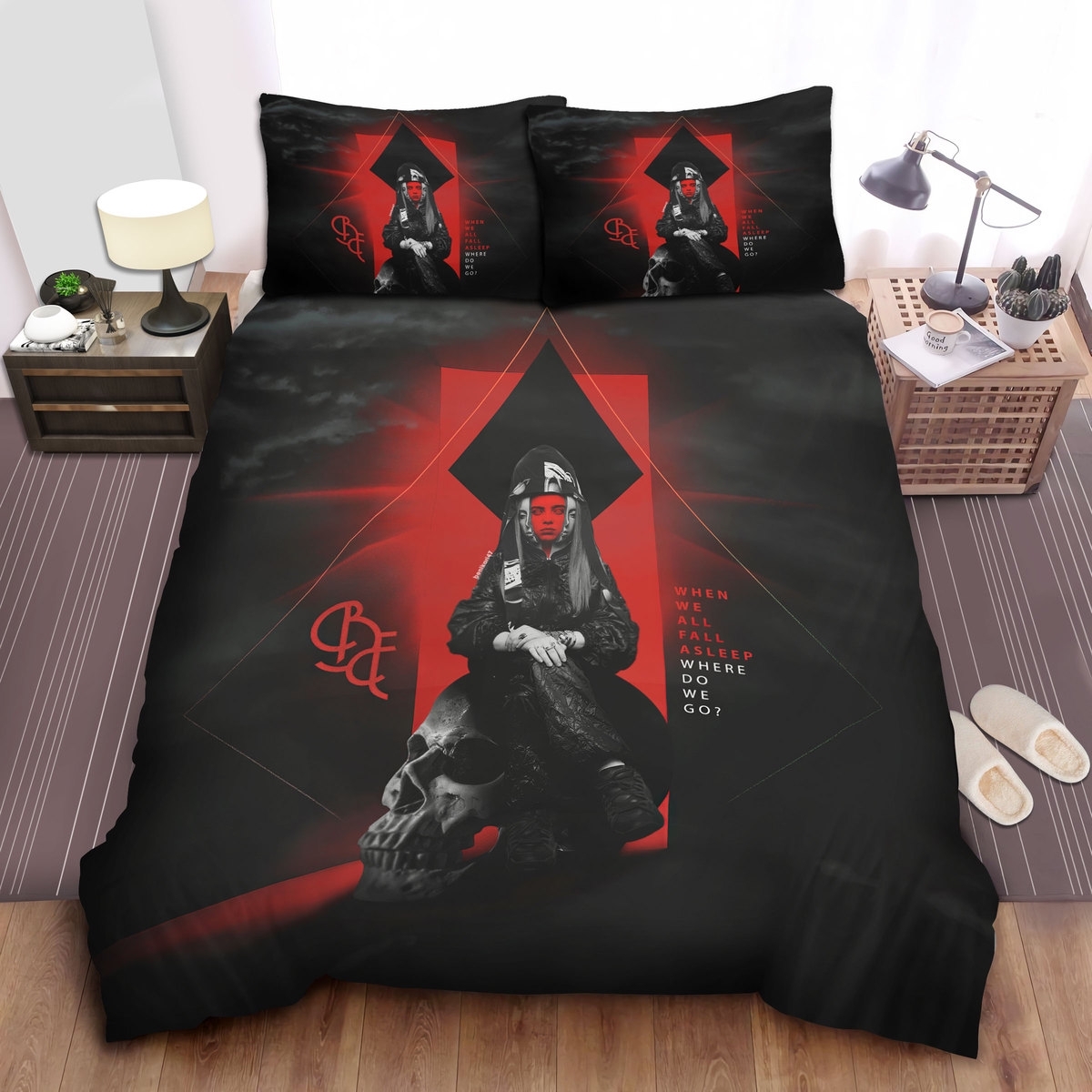 Billie Eilish Sitting On A Skull Digital Art Bed Sheets Spread Comforter Duvet Cover Bedding Set - Unique Anime Apparel for Fans