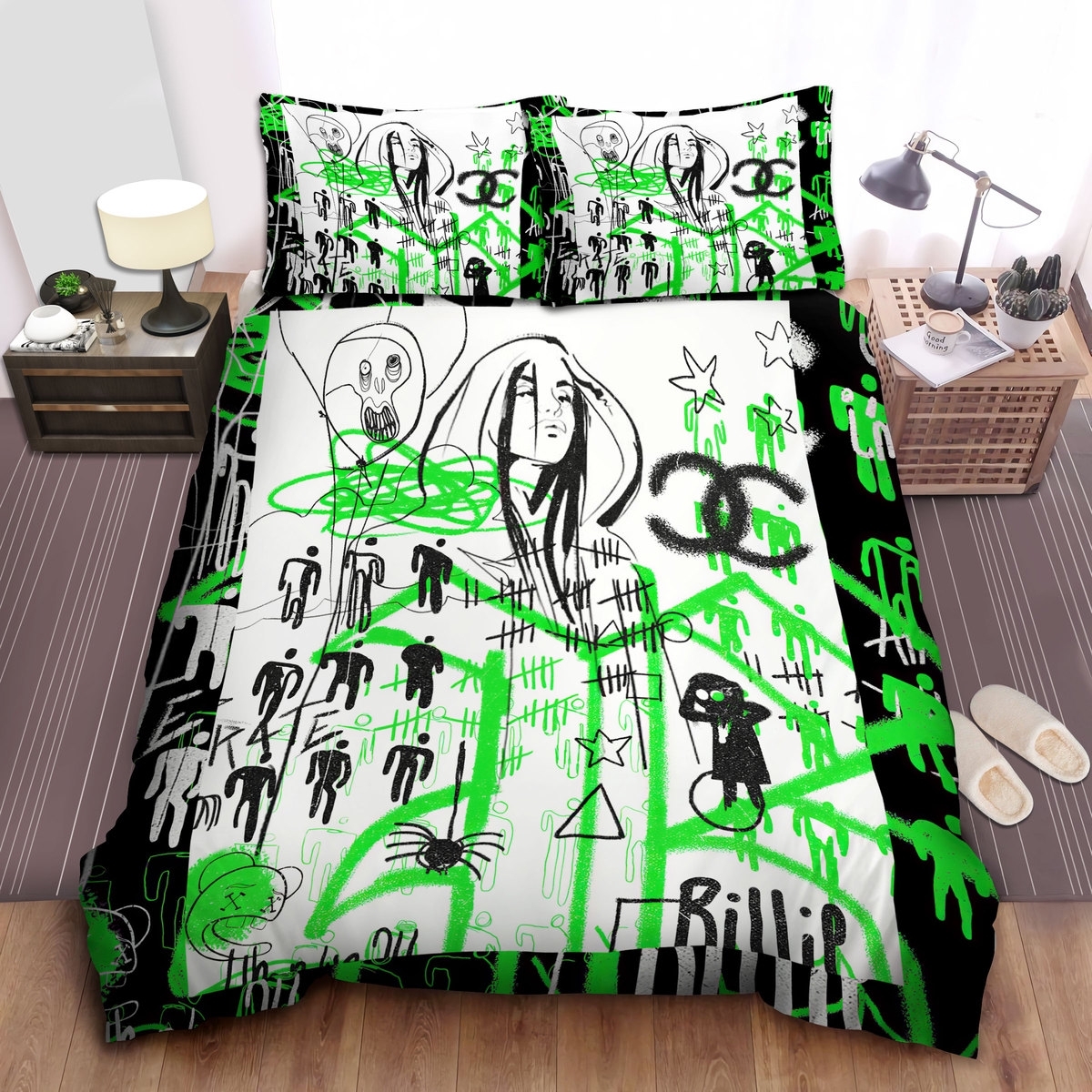 Billie Eilish Street Art Drawing In Green And Black Bed Sheets Spread Duvet Cover Bedding Set - Unique Anime Apparel for Fans