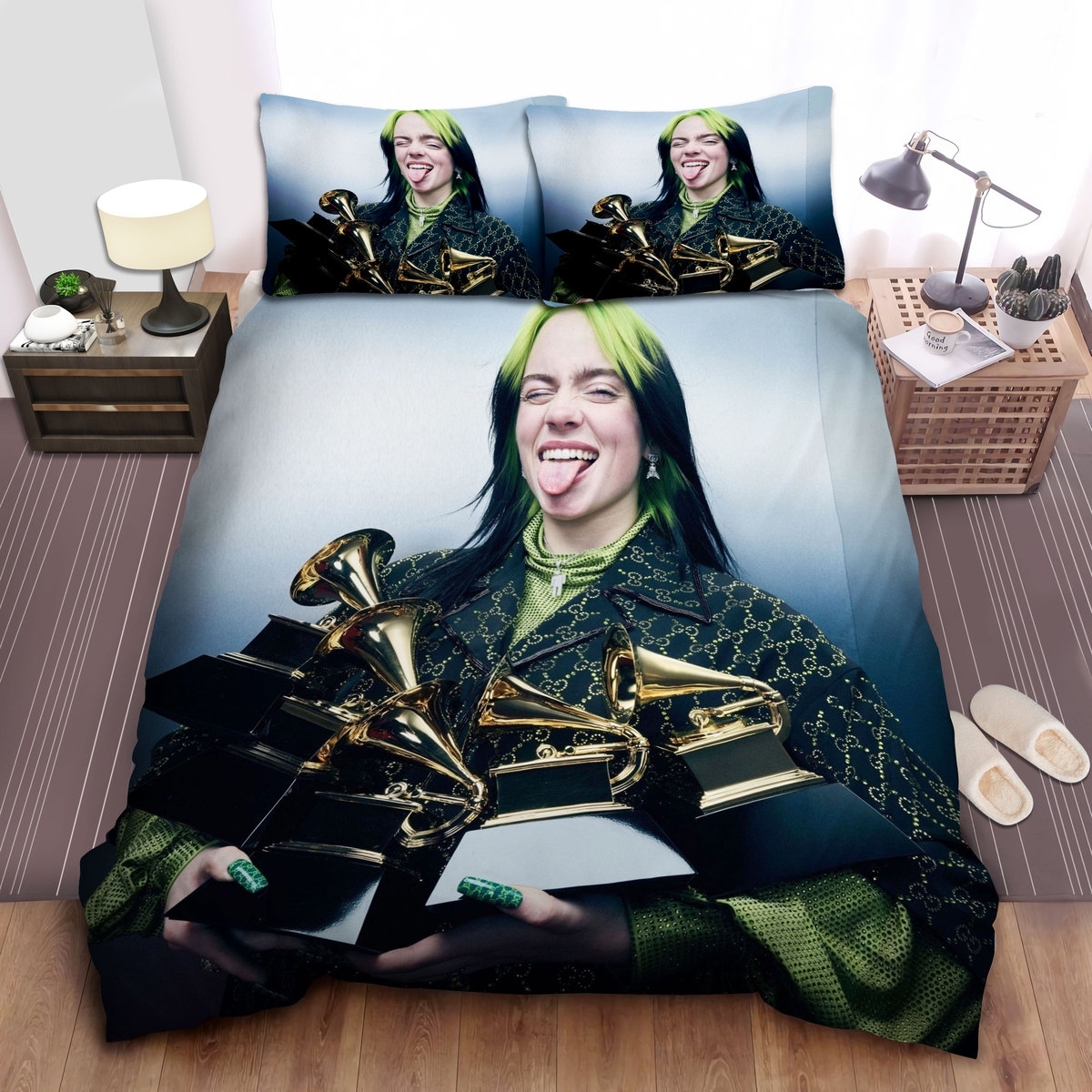 Billie Eilish With Her 5 Grammy Awards Photograph Bed Sheets Spread Duvet Cover Bedding Set - Unique Anime Apparel for Fans