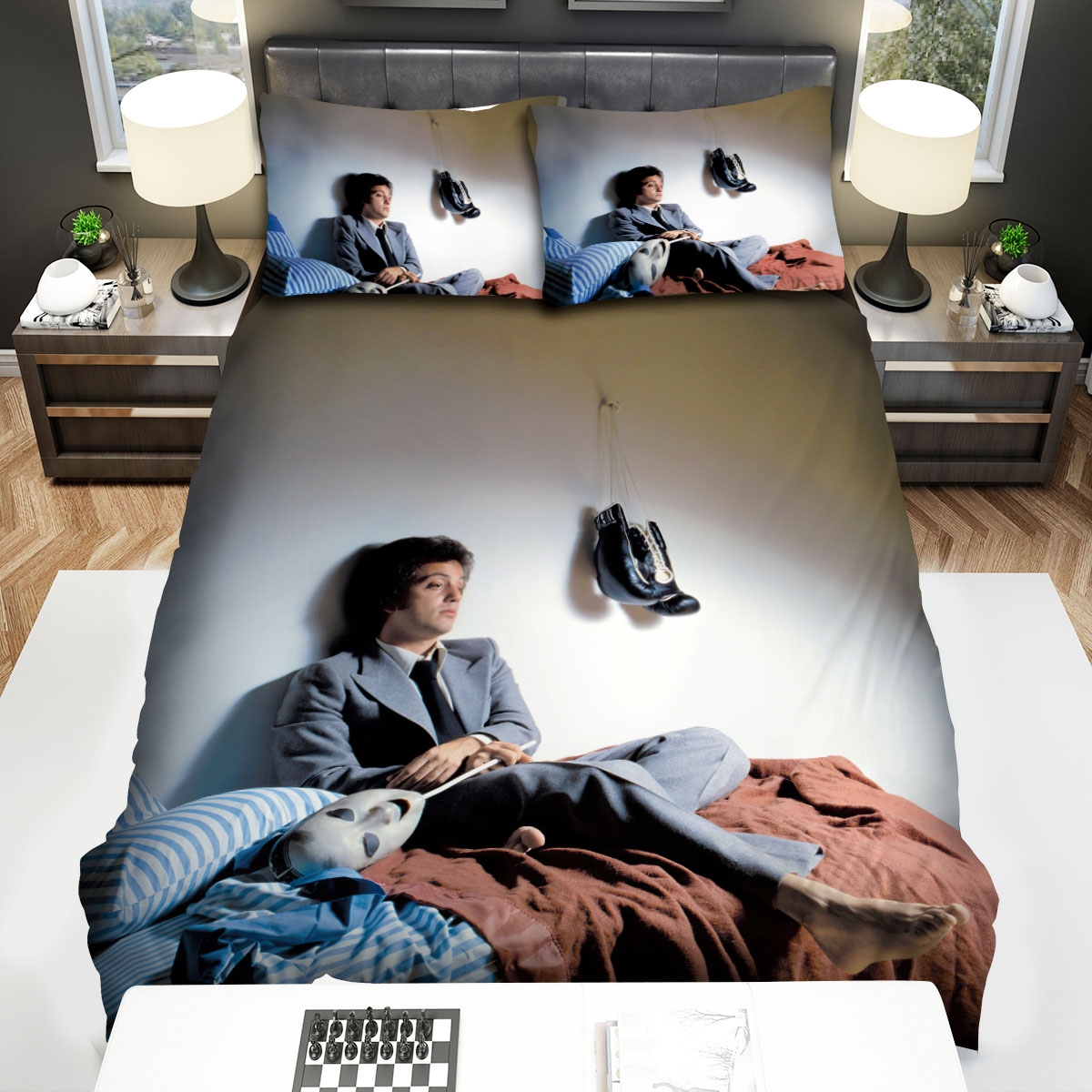 Billy Joel Sitting On The Bed With The Boxing Gloves And The Mask Bed Sheets Spread Comforter Duvet Cover Bedding Set - Unique Anime Apparel for Fans