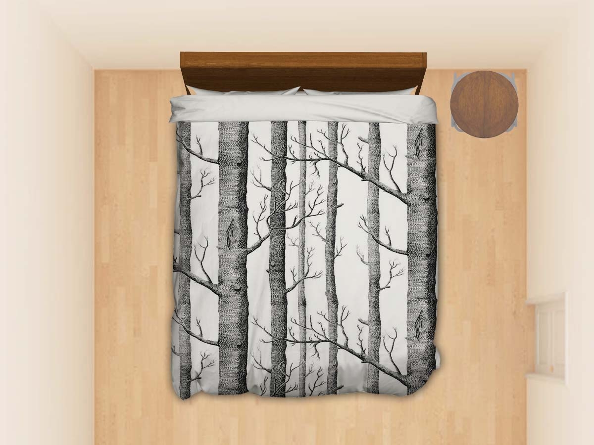 Birch Trees Illustration Black And White Bedding Set (Duvet Cover & Pillow Cases) - Unique Anime Apparel for Fans