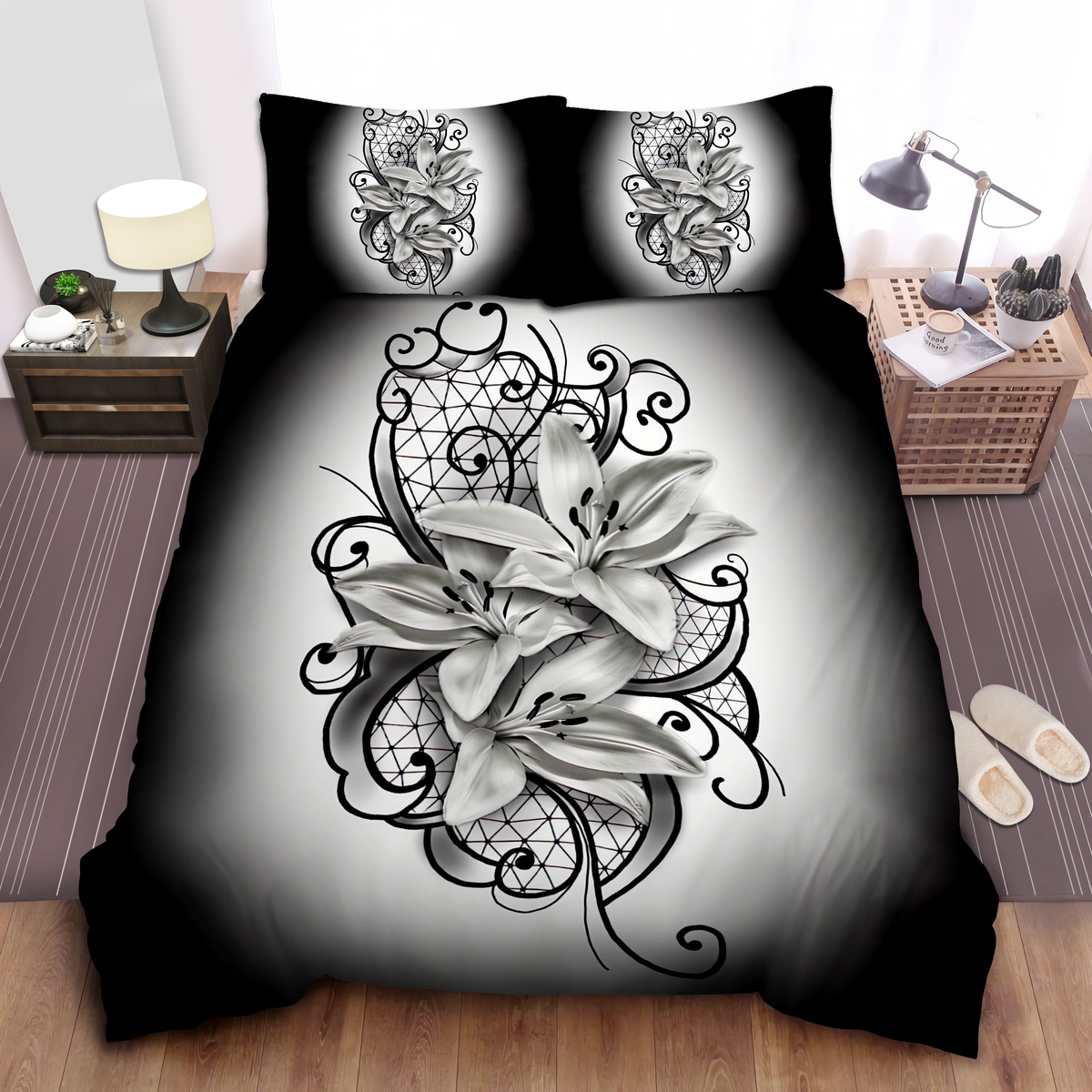 Black & White Lily Artwork Bed Sheets Spread Duvet Cover Bedding Set - Unique Anime Apparel for Fans