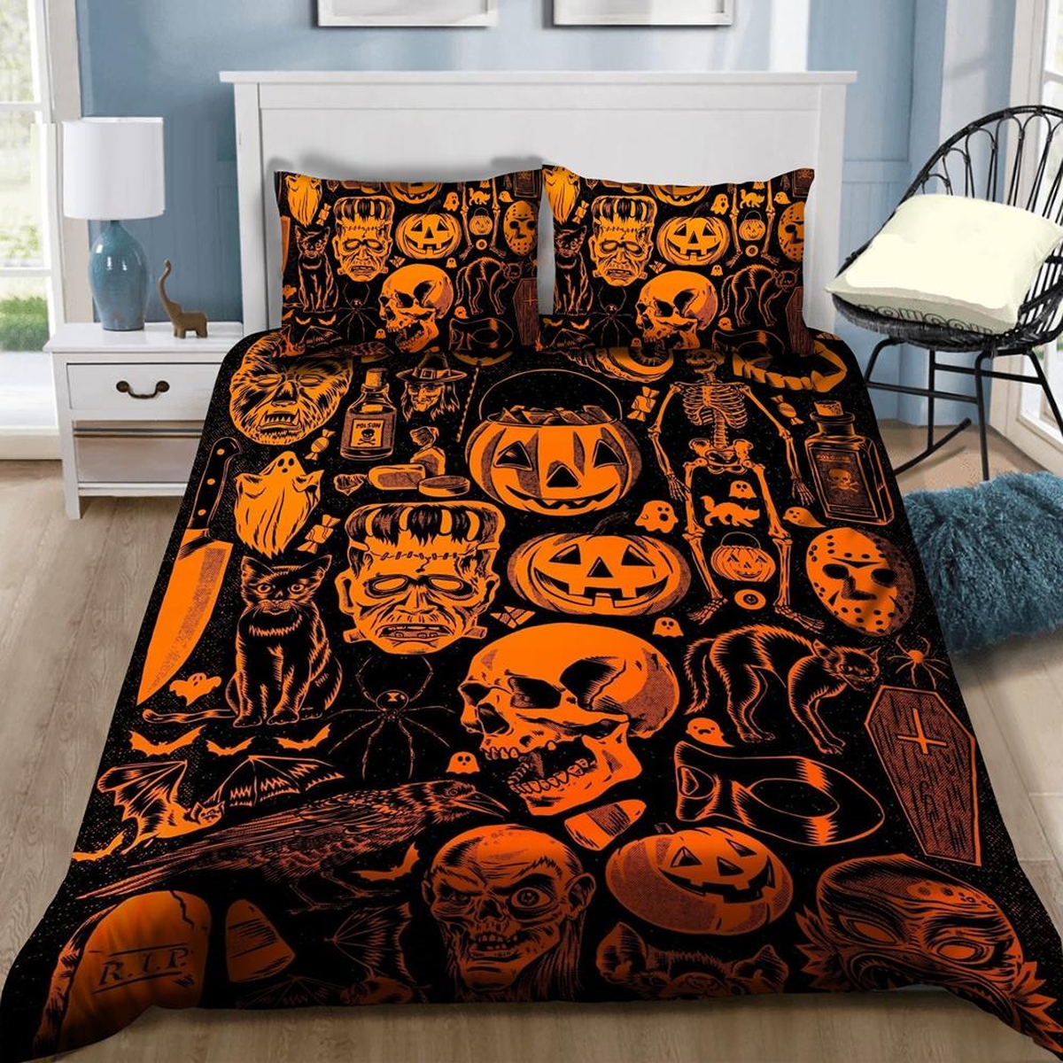 Black And Orange Halloween Bed Sheets Spread Duvet Cover Bedding Set - Unique Anime Apparel for Fans