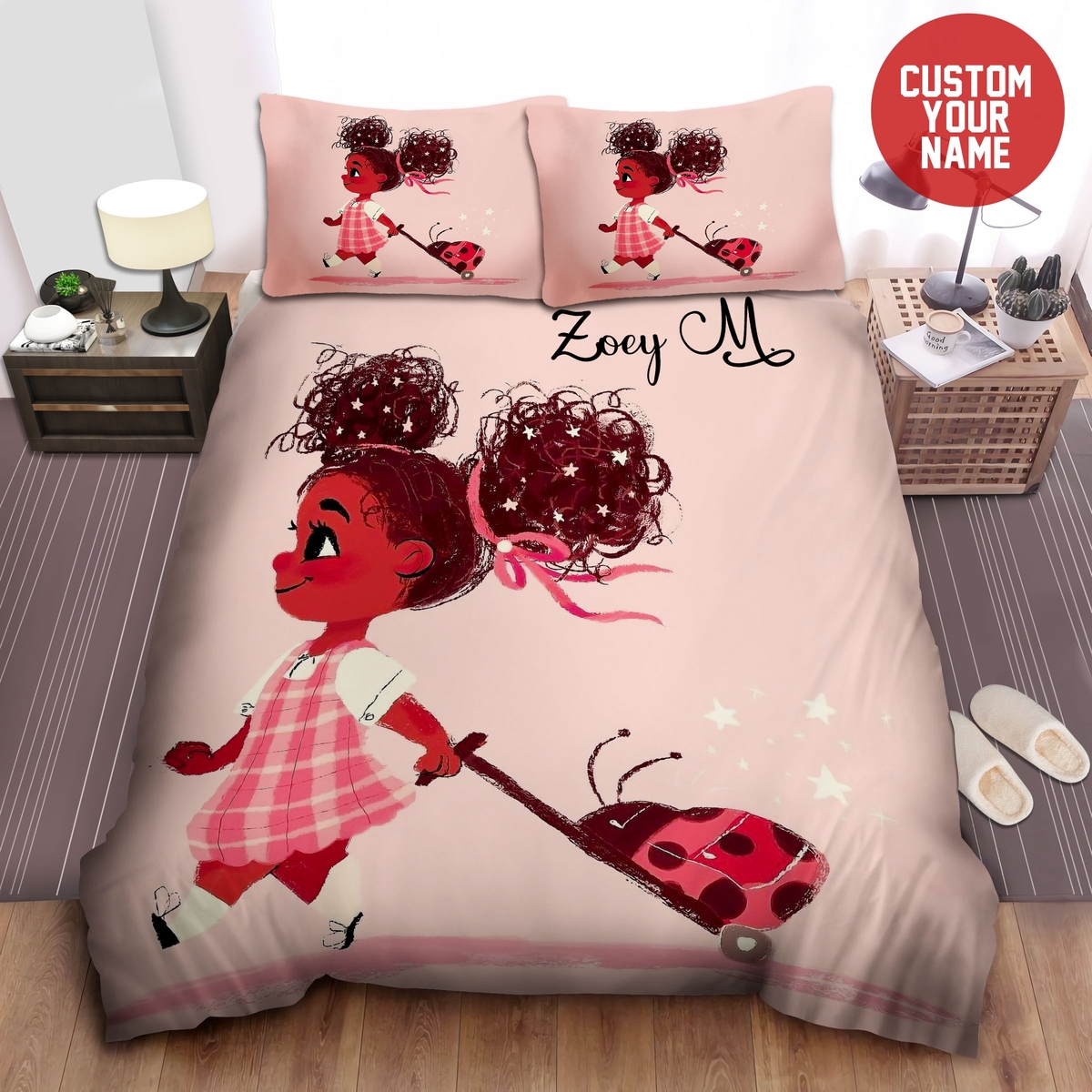 Black Baby Cute Ladybug Custom Name Duvet Cover Bedding Set - Unique Anime Apparel for Fans