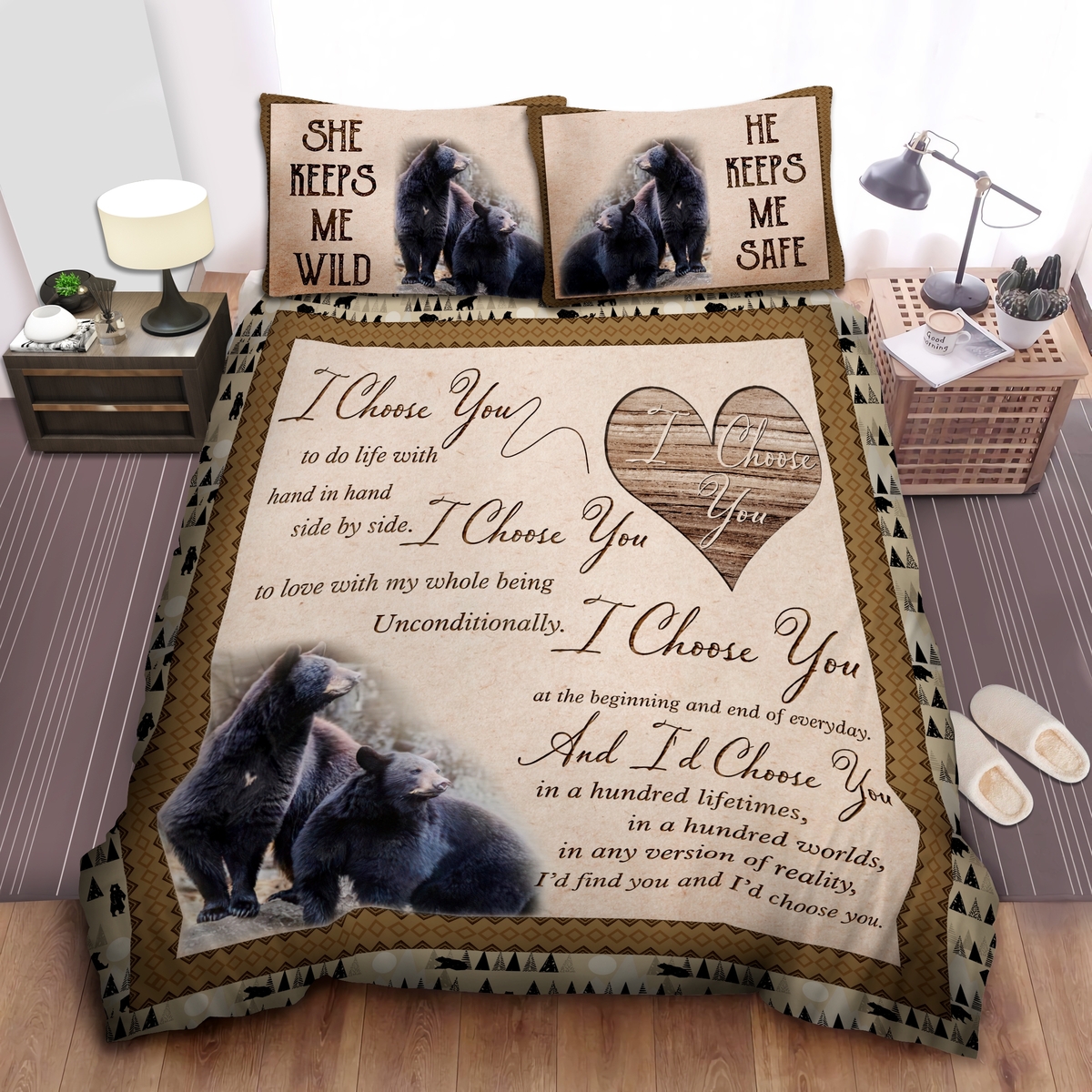 Black Bear Couple I Choose You Bed Sheets Spread Duvet Cover Bedding Set - Unique Anime Apparel for Fans
