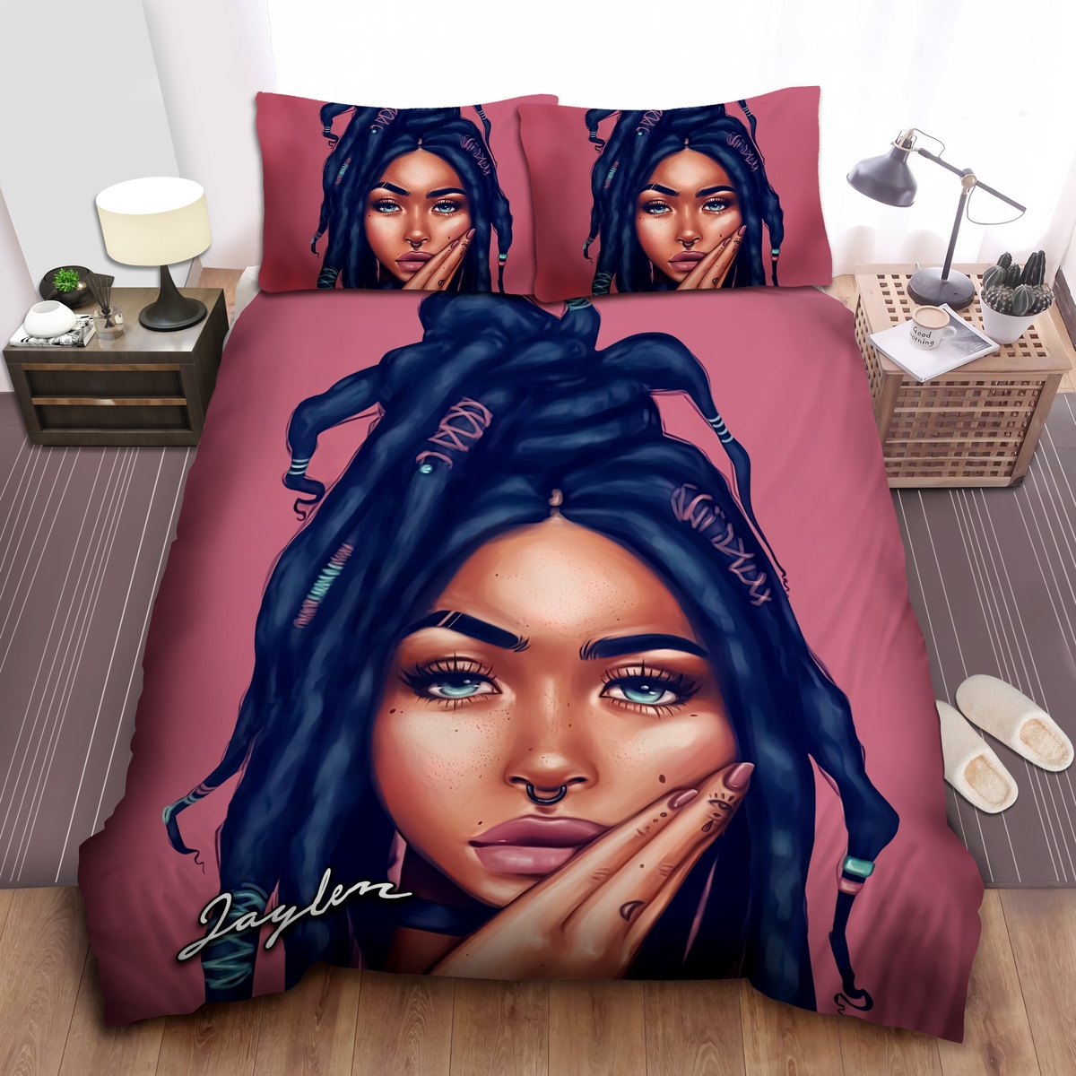 Black Braiding Girl Custom Name Duvet Cover Bedding Set - Unique Anime Apparel for Fans