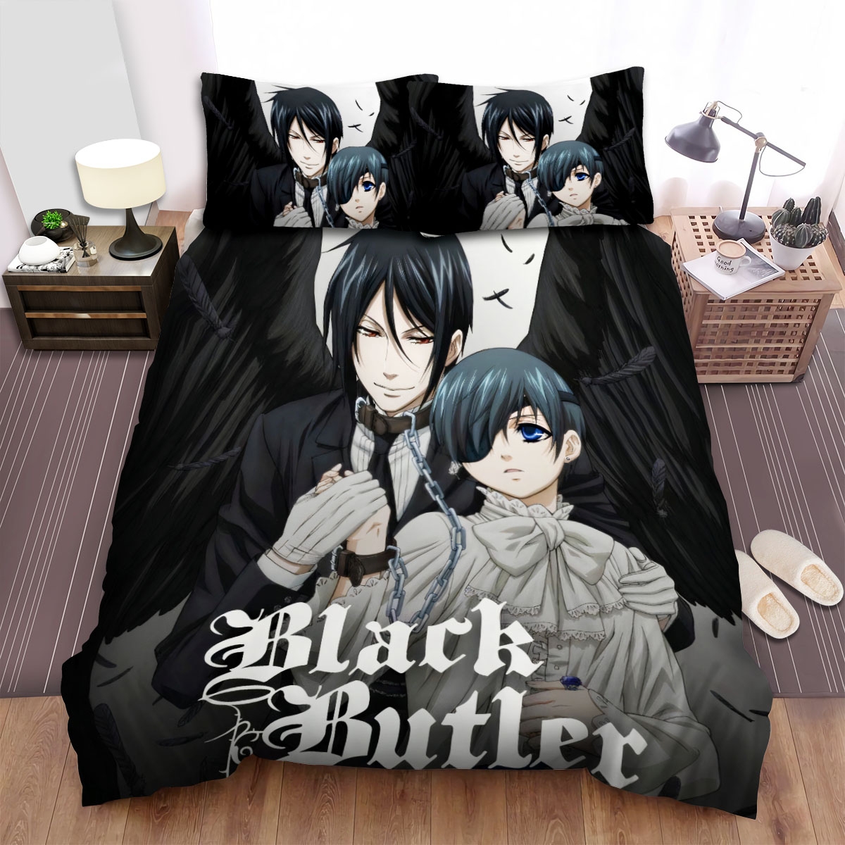 Black Butler Sebastian With Black Wings And Ciel Bed Sheets Spread Duvet Cover Bedding Set - Unique Anime Apparel for Fans