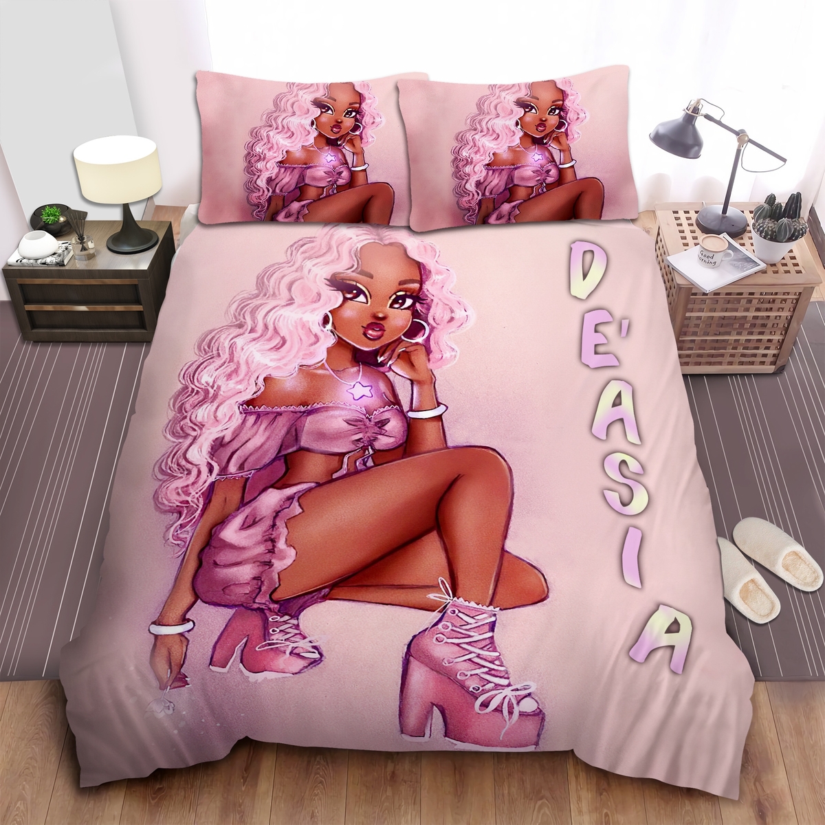 Black Girl All Pink Custom Name Duvet Cover Bedding Set - Unique Anime Apparel for Fans