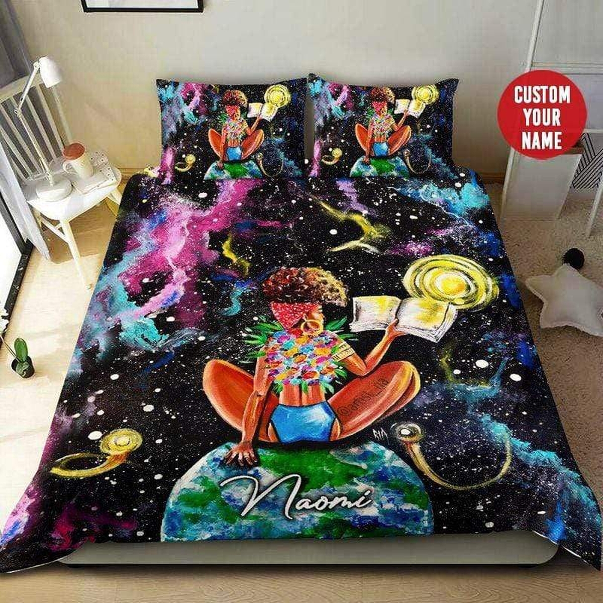 Black Girl Art Galaxy Custom Name Duvet Cover Bedding Set - Unique Anime Apparel for Fans