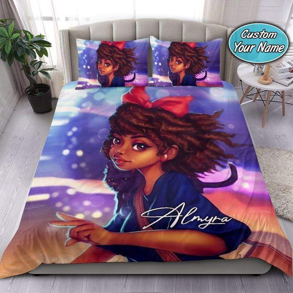 Black Girl Black Cat Custom Name Duvet Cover Bedding Set - Unique Anime Apparel for Fans