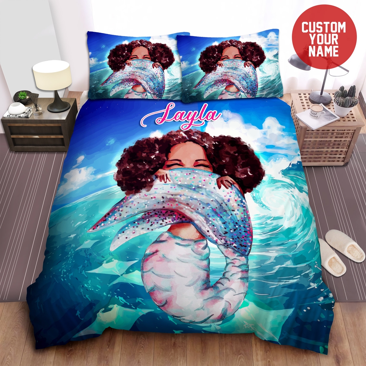 Black Girl Black Mermaid Fantasy Custom Name Duvet Cover Bedding Set - Unique Anime Apparel for Fans