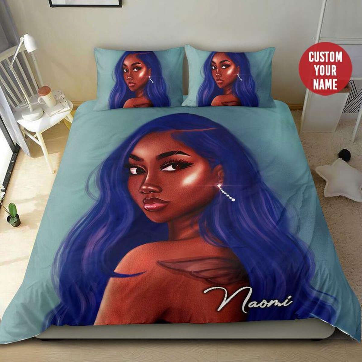Black Girl Blue Hair Custom Name Duvet Cover Bedding Set - Unique Anime Apparel for Fans
