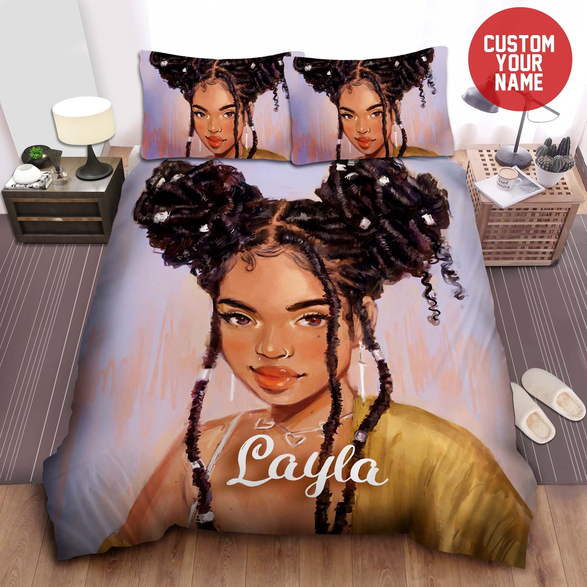 Black Girl Braids African American Woman Custom Name Duvet Cover Bedding Set - Unique Anime Apparel for Fans
