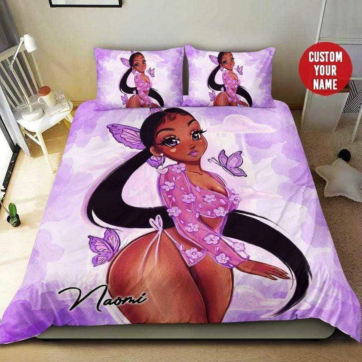 Black Girl Butterfly Purple Custom Name Duvet Cover Bedding Set - Unique Anime Apparel for Fans