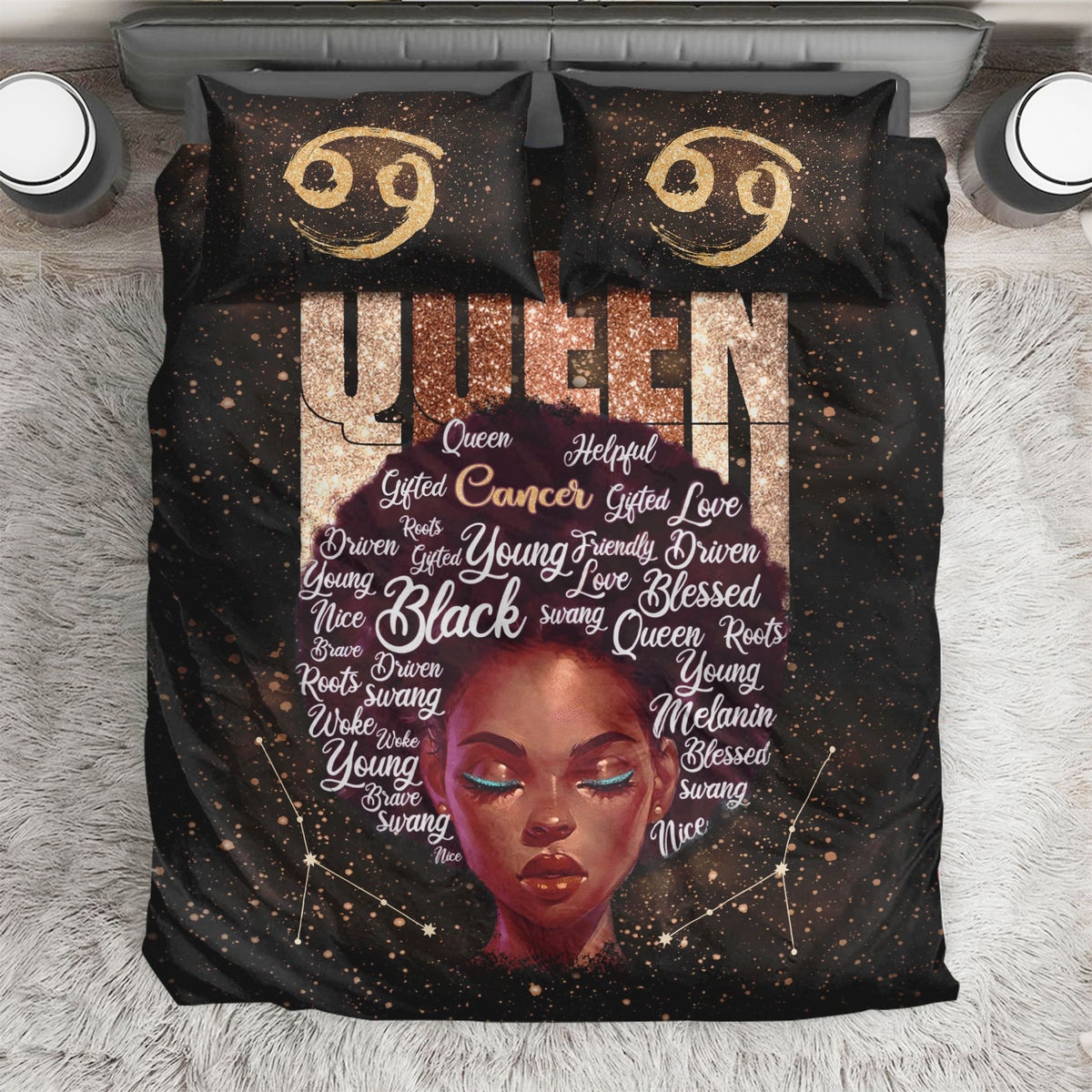 Black Girl Cancer Zodiac Bed Sheets Spread Comforter Duvet Cover Bedding Set - Unique Anime Apparel for Fans