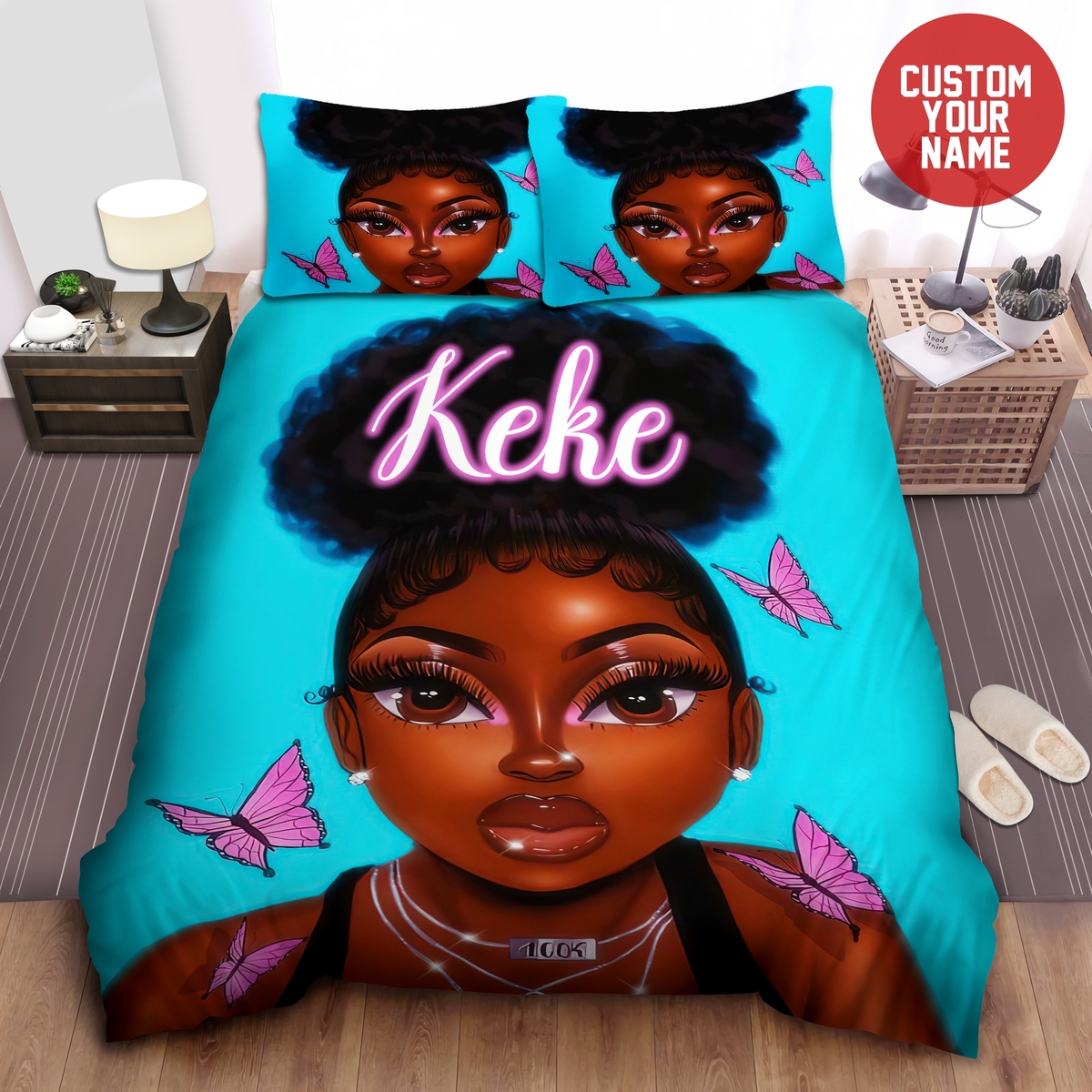 Black Girl High Puff Hairstyle With Butterfly African Custom Name Duvet Cover Bedding Set - Unique Anime Apparel for Fans