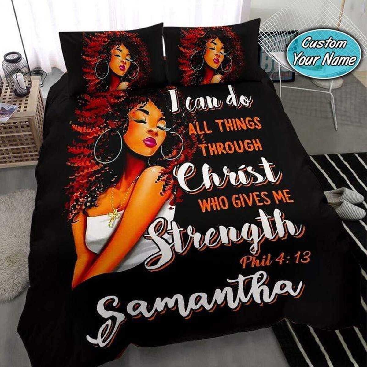 Black Girl I Can Do All Things Custom Name Duvet Cover Bedding Set - Unique Anime Apparel for Fans