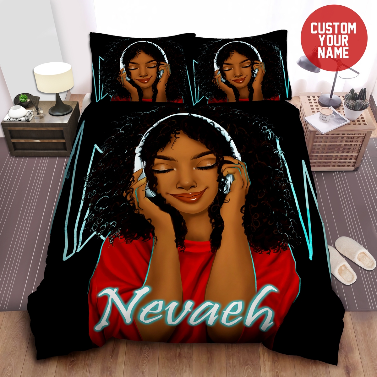 Black Girl Listen To Music African Custom Name Duvet Cover Bedding Set - Unique Anime Apparel for Fans