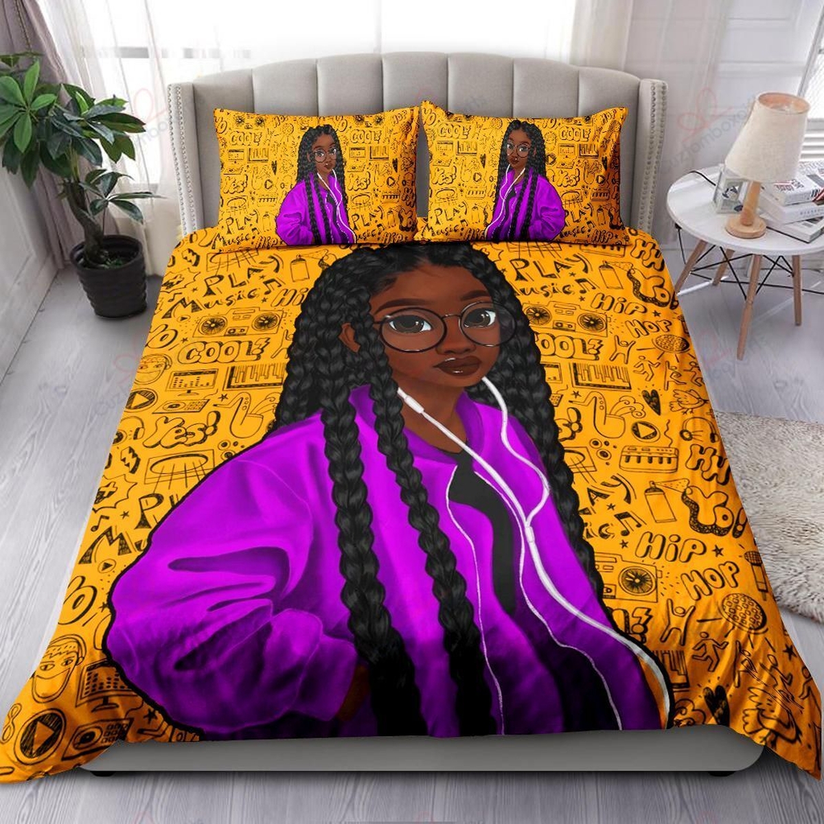 Black Girl Listening To Music Bed Sheets Spread Comforter Duvet Cover Bedding Set - Unique Anime Apparel for Fans